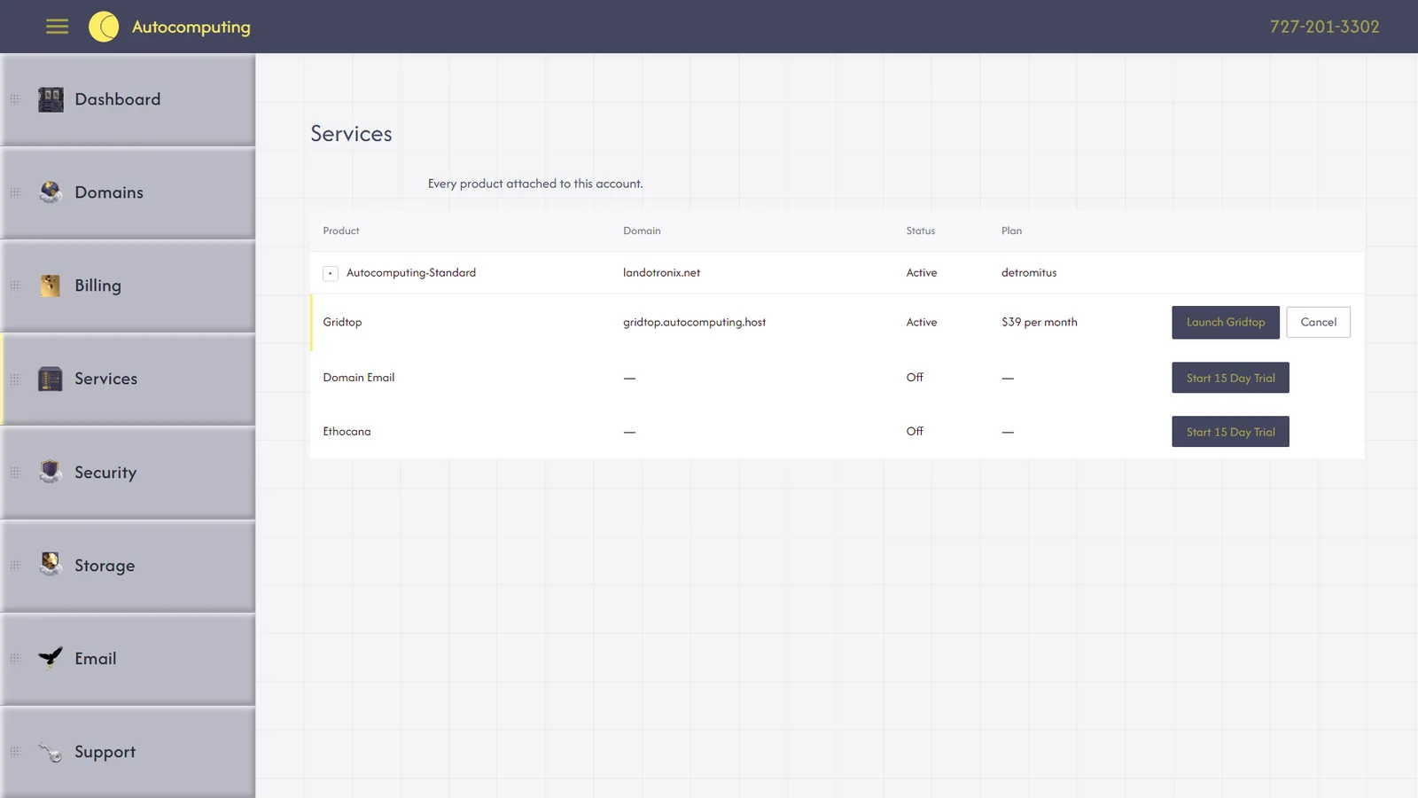 Services in the Autocomputing dashboard, showing the Gridtop row.