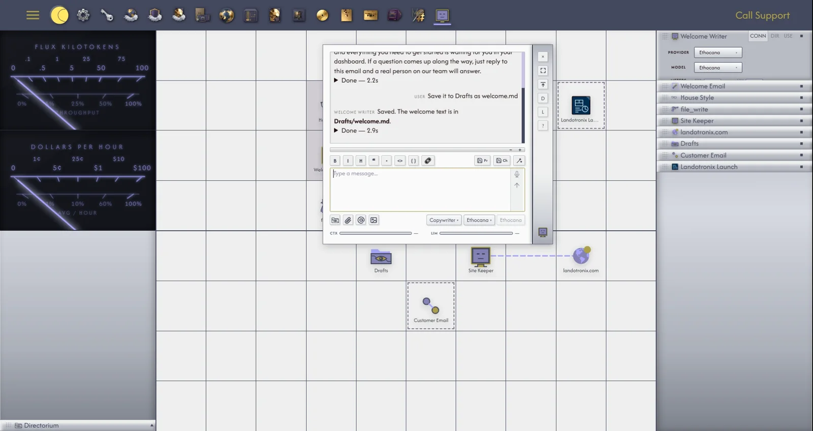 A first conversation. (1) The agent on the grid. (2) Its descriptor panel, CONN tab. (3) The chatbox, with the question, the activity list and the reply.