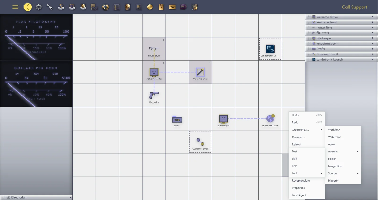 The Create New menu, with the Agentic submenu open. Target, Solution and Business Model appear only inside a Blueprint.