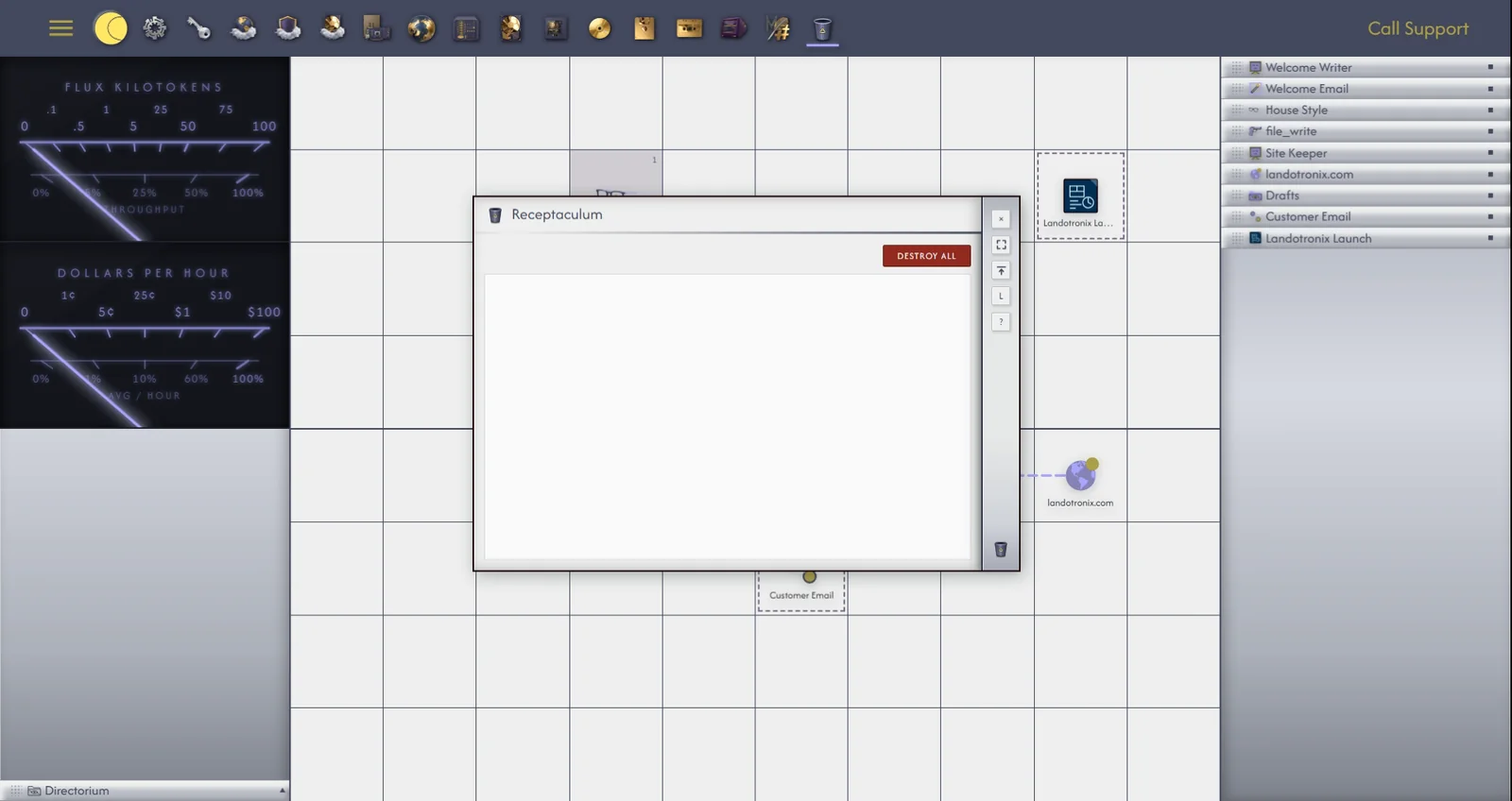 The Receptaculum window. (1) A deleted file, where it came from and when. (2) Restore. (3) Destroy. (4) Destroy All.