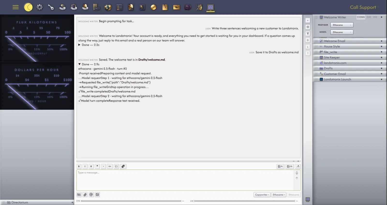 Anatomy of the chatbox. (1) The conversation. (2) The resize bar. (3) The formatting toolbar, with Pr, Ch and the wand. (4) Your message and Send. (5) The icon row: Choose Directory, Attach, Image. (6) The preset, provider, model and Effort chips. (7) The CTX and LIM meters.