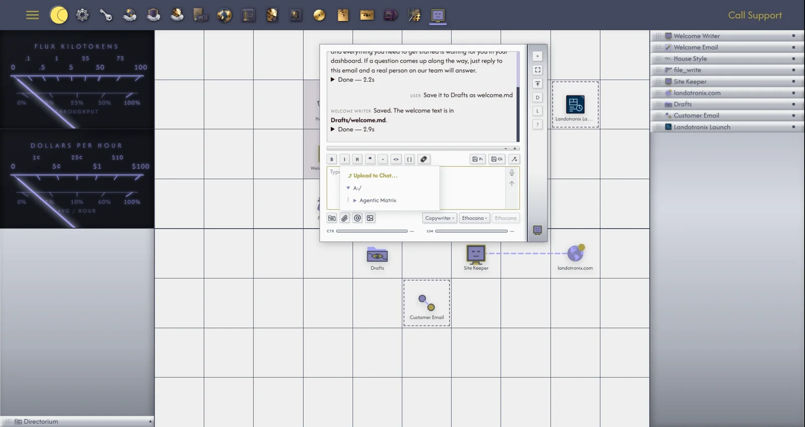 Attaching a file. (1) The paperclip's menu. (2) The drive picker, with Upload from this computer to the chat at its top. (3) The file's tag above the message.