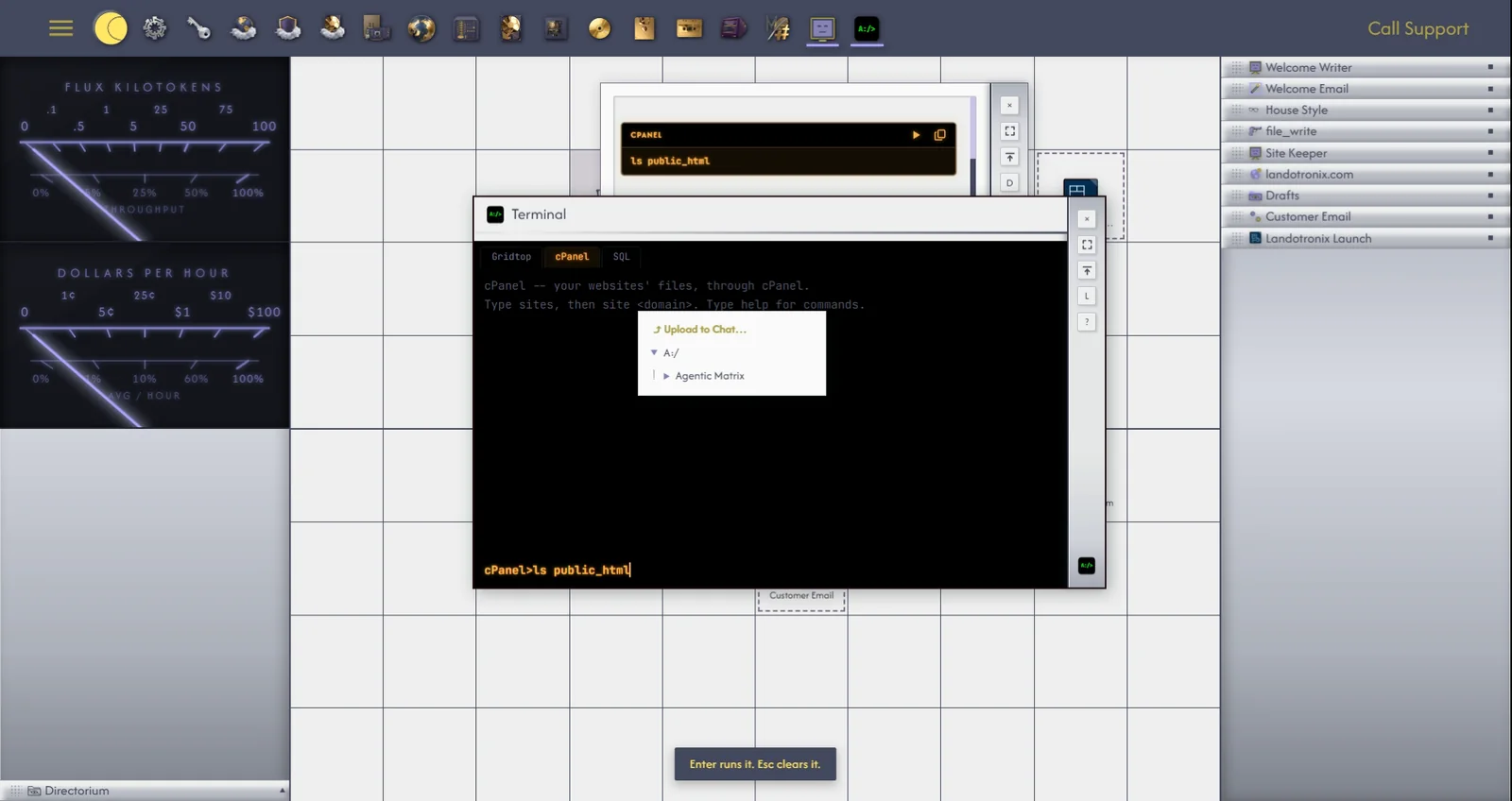 A command block from an agent. (1) The block, lit amber for cPanel. (2) Run. (3) Copy. (4) The Terminal, open at its cPanel tab, with the command typed in and waiting.