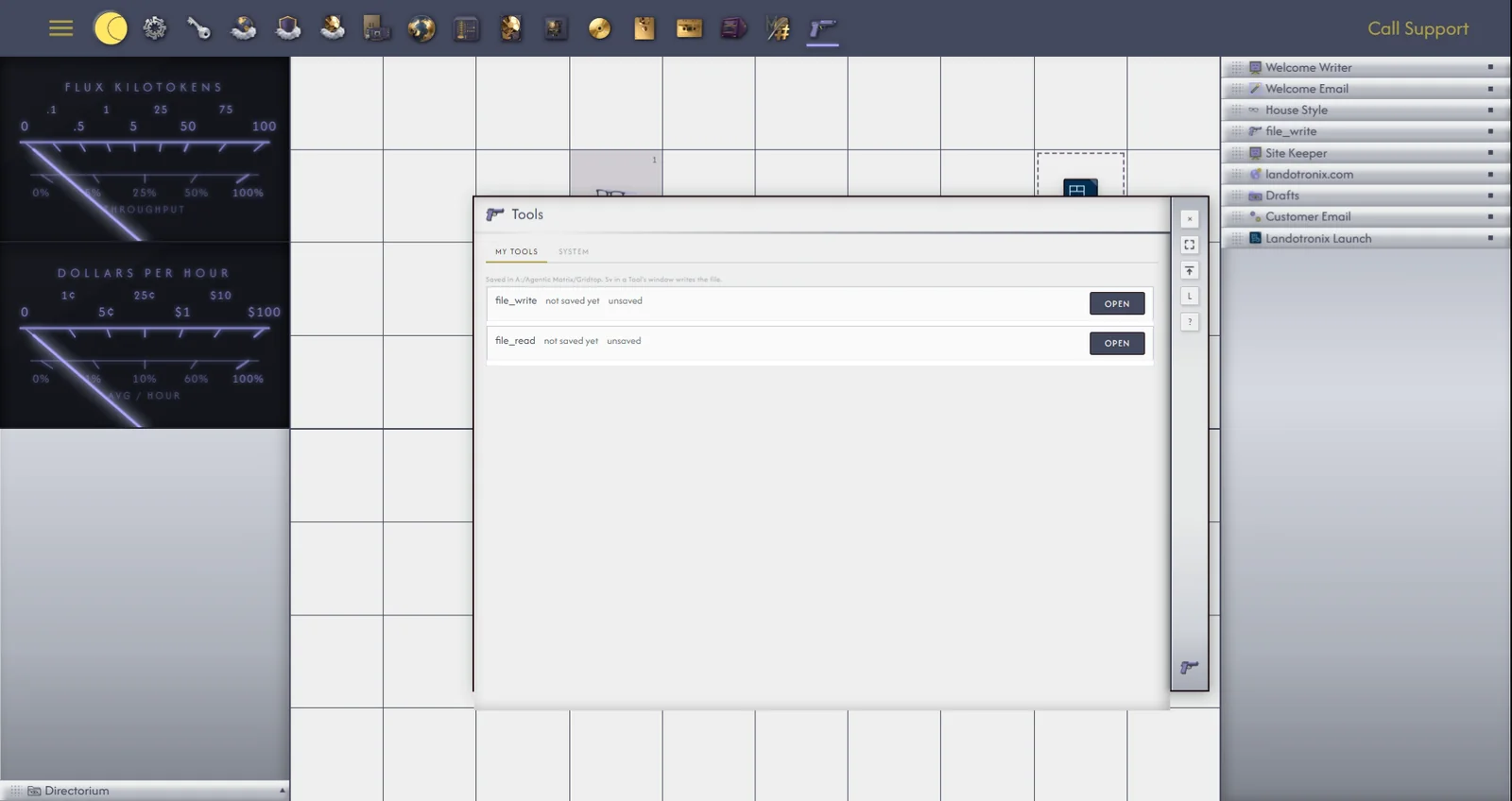 The Tools library, System tab.