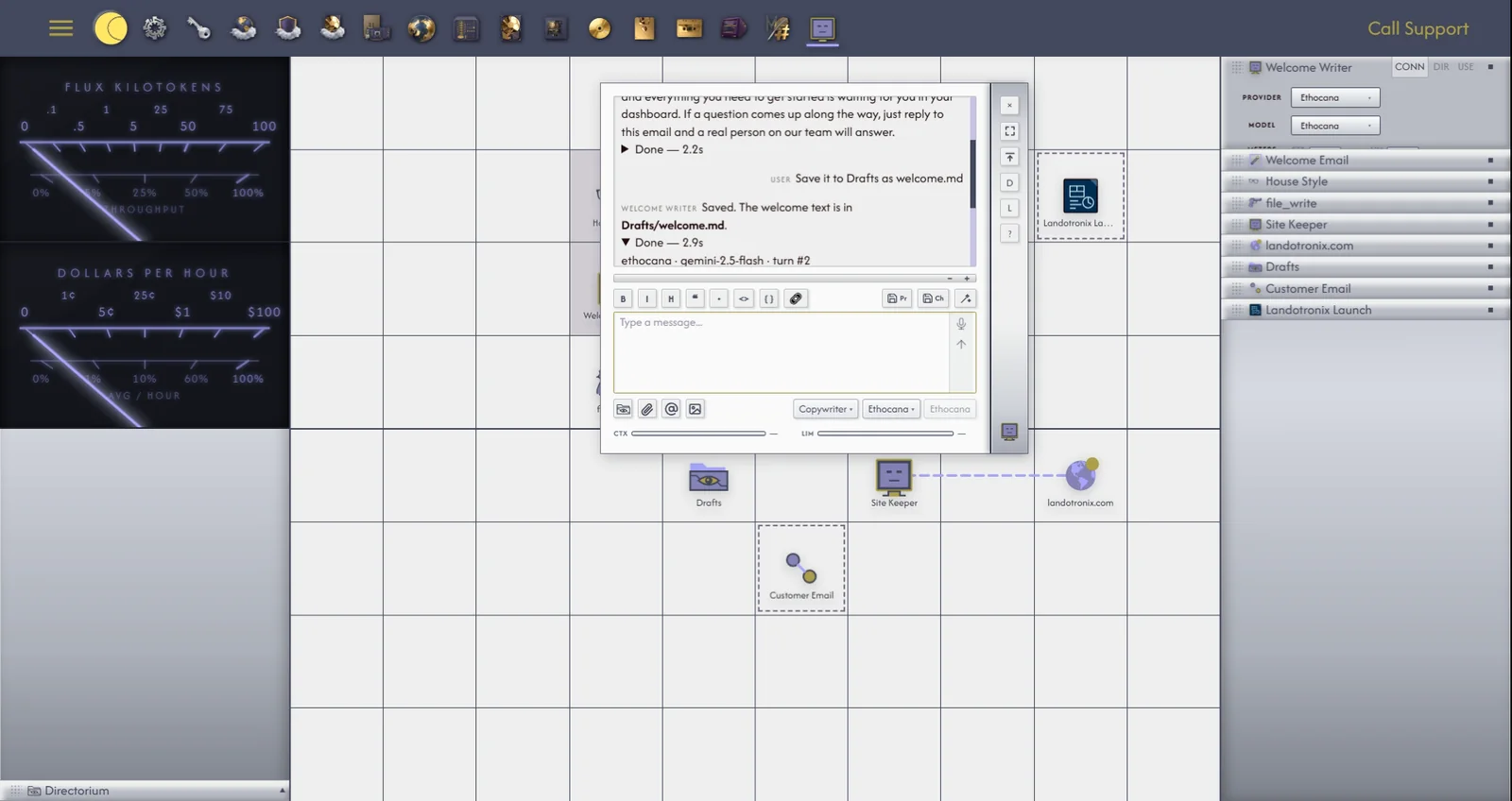 An agent's reply with its tool trace. (1) A tool requested. (2) Its result. (3) The time taken.