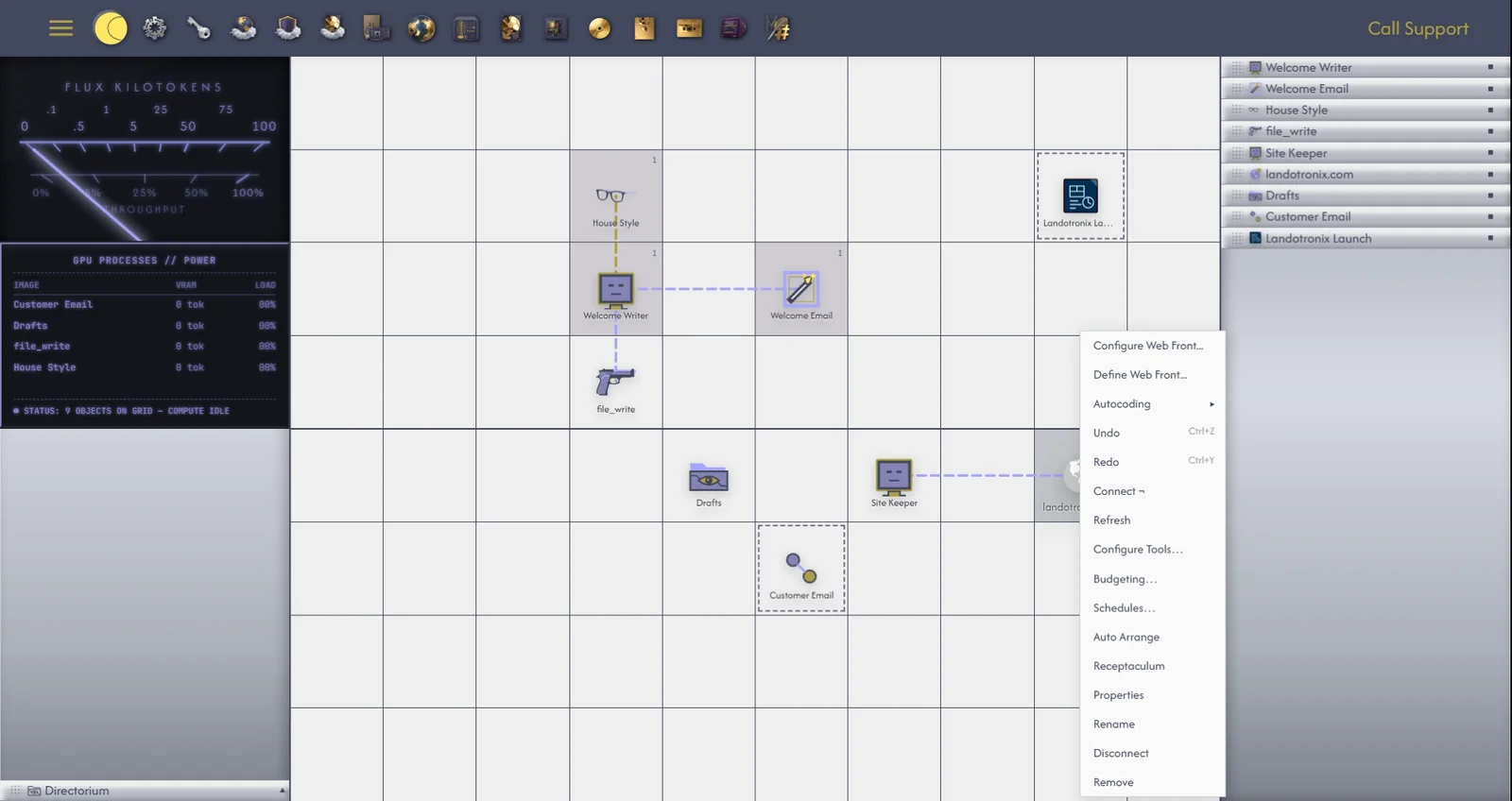 A Web Front on the grid, its right-click menu (Editor... among its items), and its window at the Overview tab.
