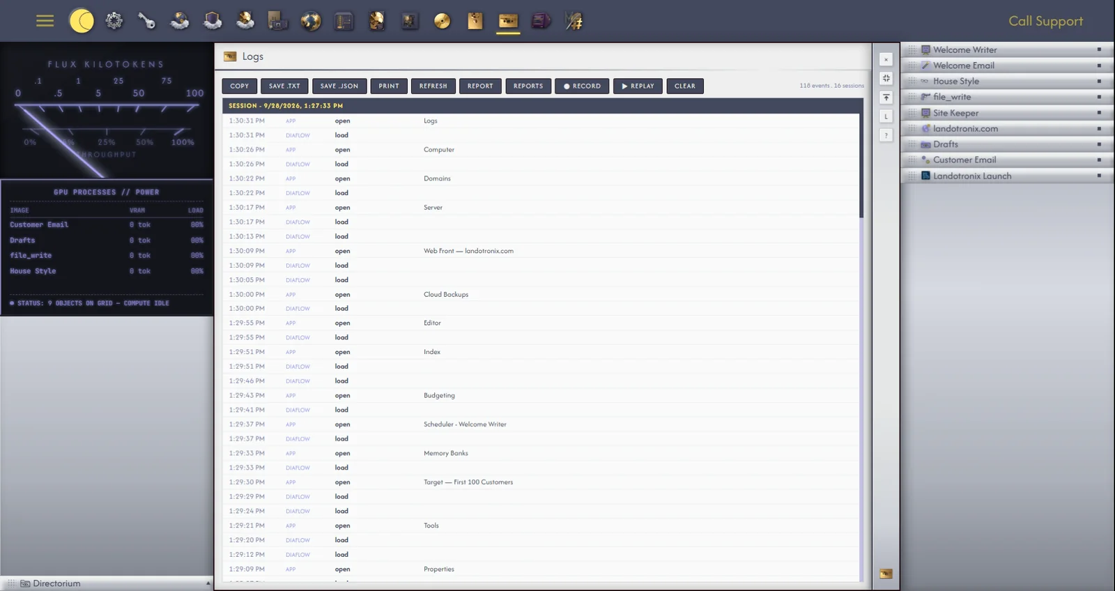 Logs, with Report open. (1) What happened? (2) Include log. (3) Send.
